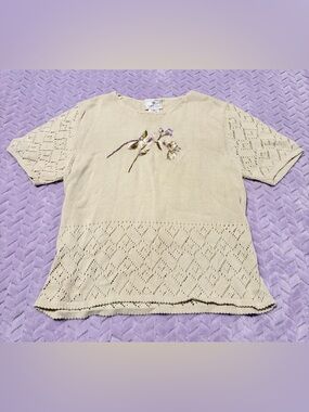 Susan Bristol Cream Knit Short-Sleeve Top with Embroidered Florals